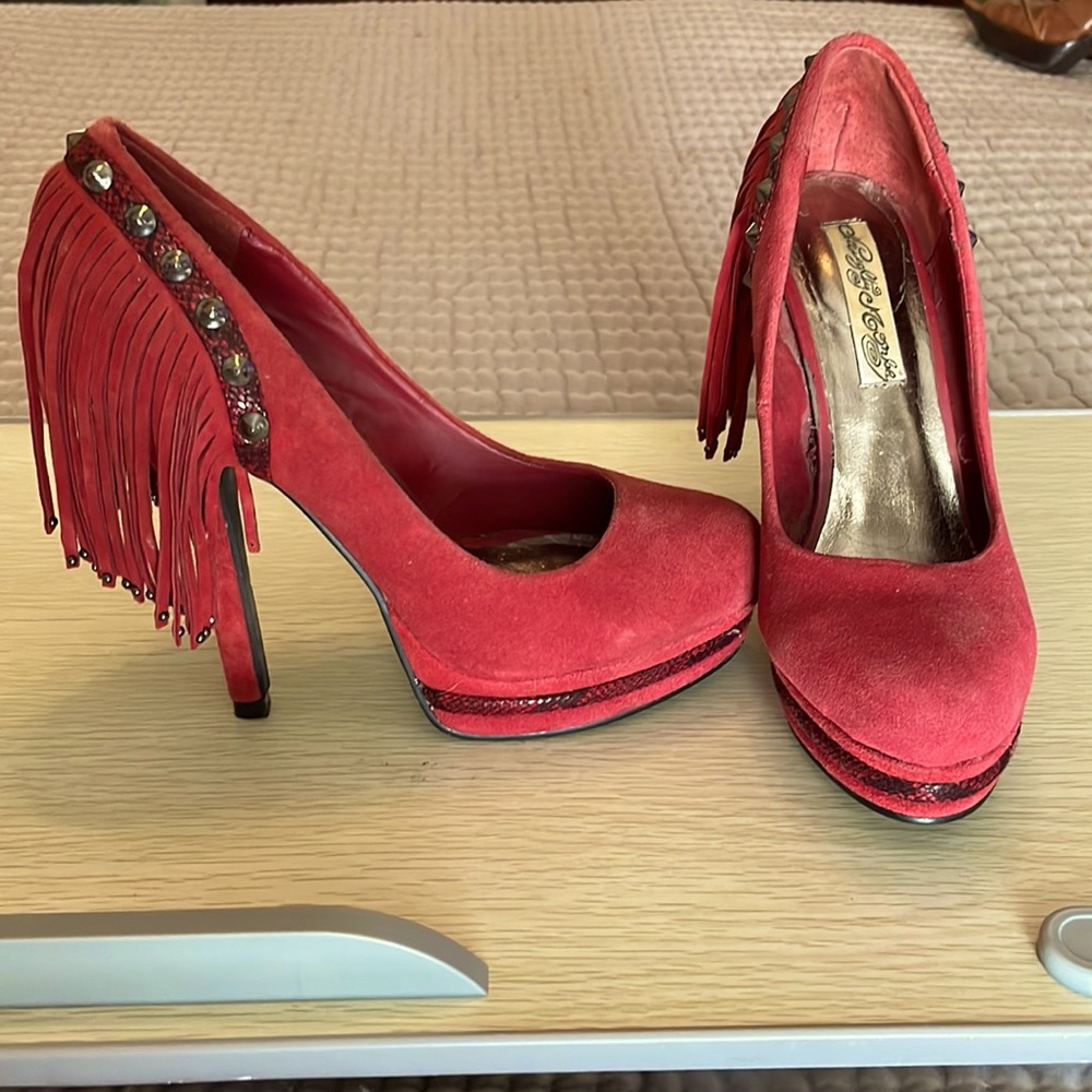 Red suede platforms